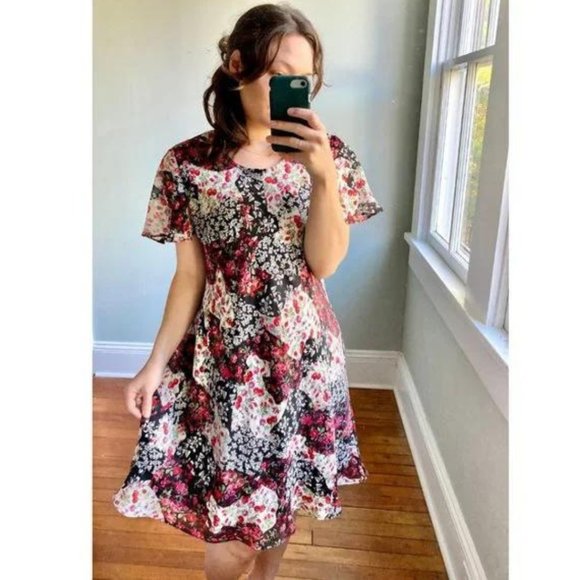 Vintage 90s Floral Rose Ruffle Flutter Cottagecore Chiffon Dress - Picture 3 of 10